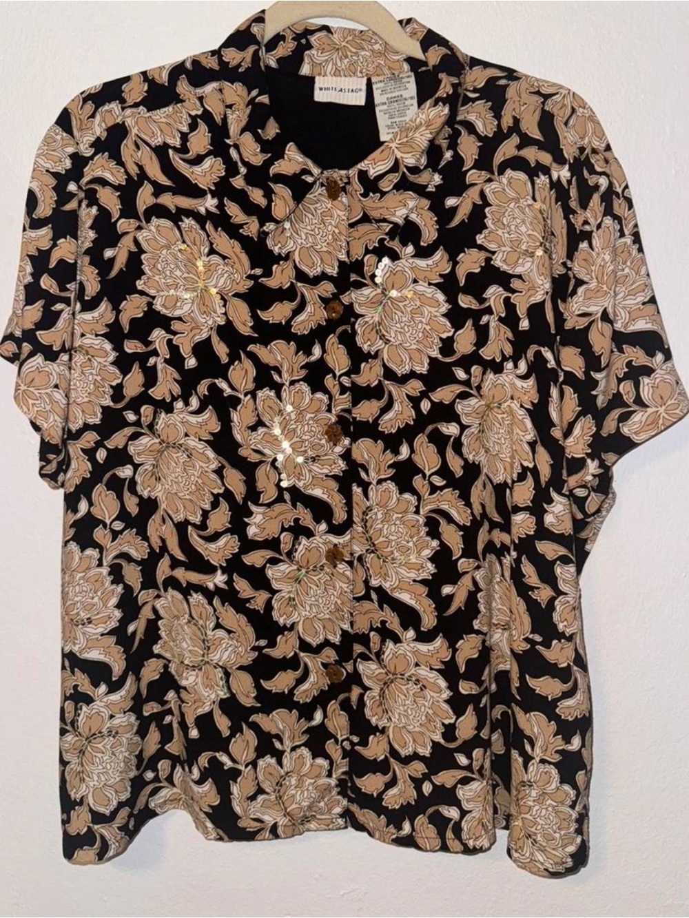 White Stag black and gold floral button-up shirt